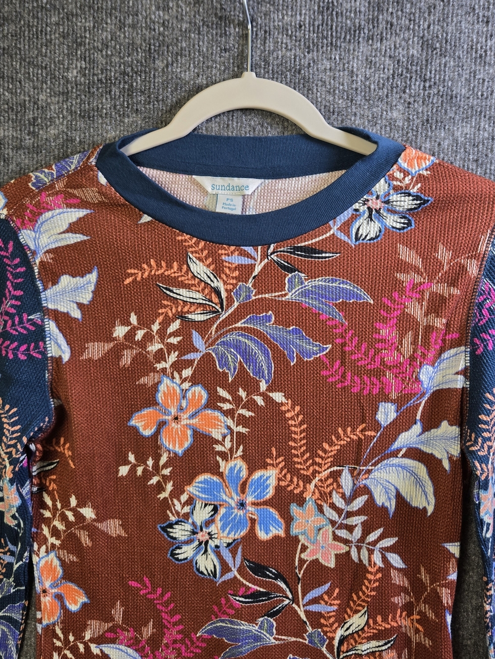 Sundance T Shirt Women PS Burnt Orange Blue Floral Thermal Earthy Fall Layering - Picture 2 of 10